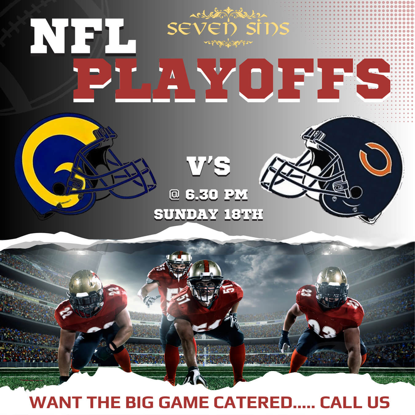 NFL playoffs announcement featuring Los Angeles Rams and Chicago Bears helmets with three football players in red uniforms on a stadium field.