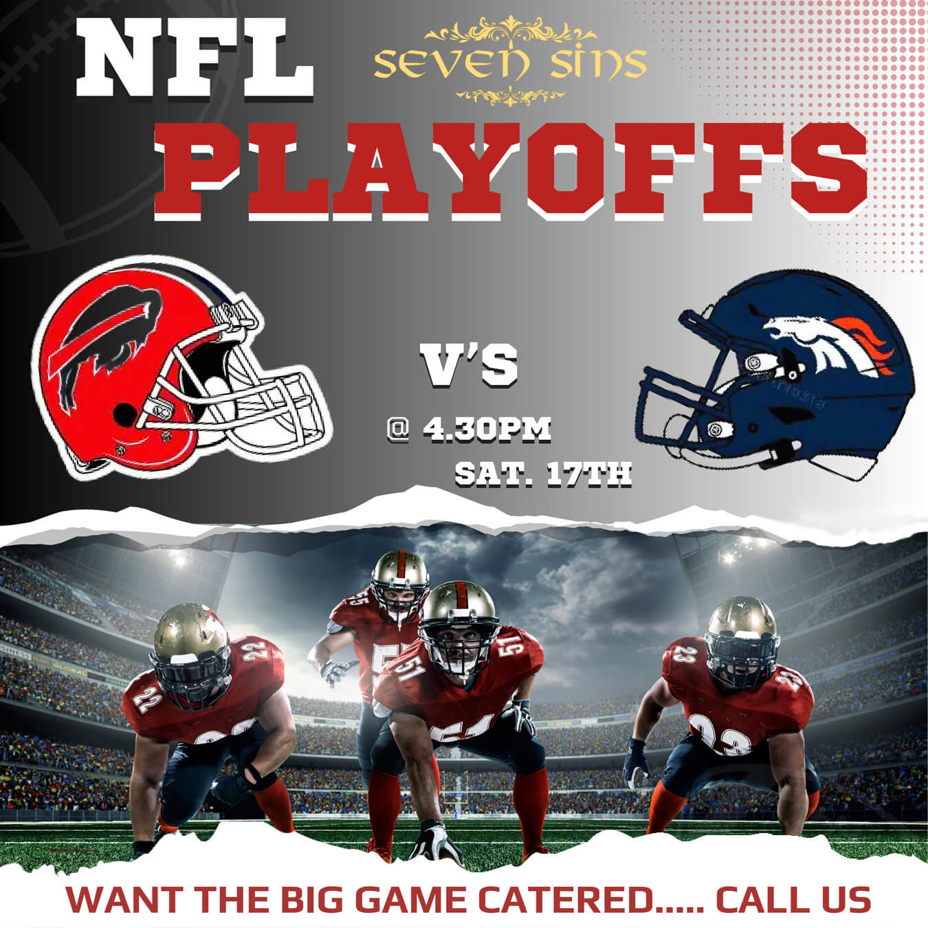 NFL playoffs game announcement with Buffalo Bills and Denver Broncos helmets and football players in red jerseys on a stadium field.