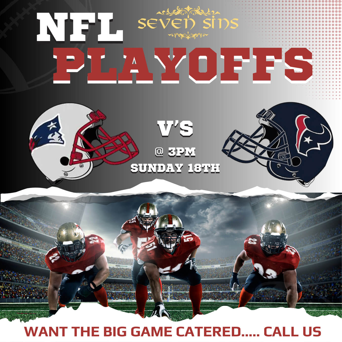 NFL playoffs announcement showing helmets of New England Patriots and Houston Texans with players on a football field beneath, scheduled for Sunday 18th at 3 PM.