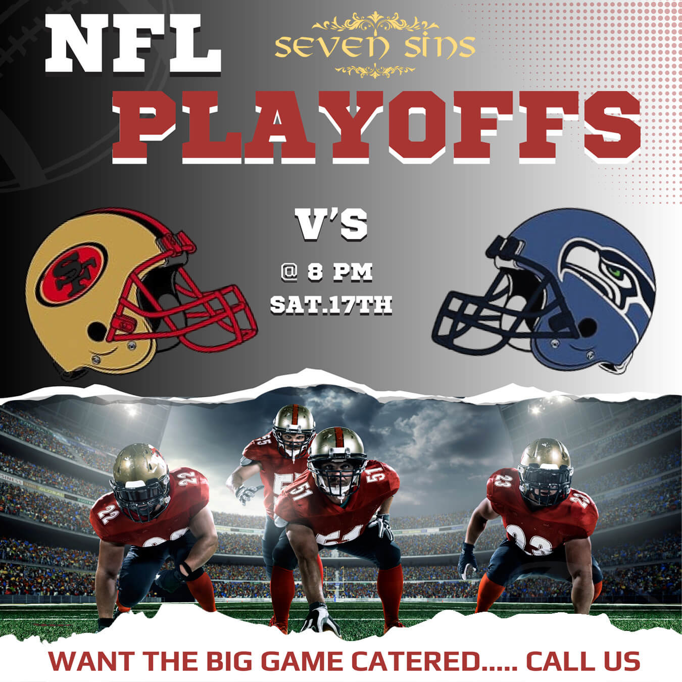 49ers vs Seahawks NFL Playoffs at Seven Sins NYC – Saturday 8PM. Watch live with big screens, food, drinks, and game-day party vibes.